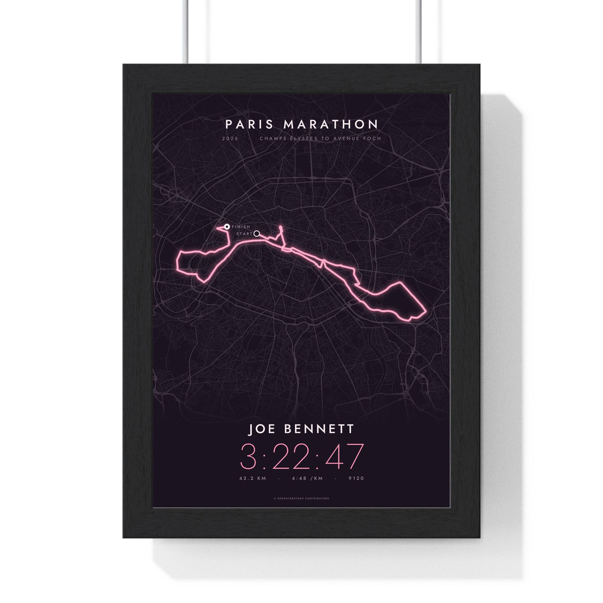 Personalised Paris Marathon Print - framed night style Paris Marathon route print