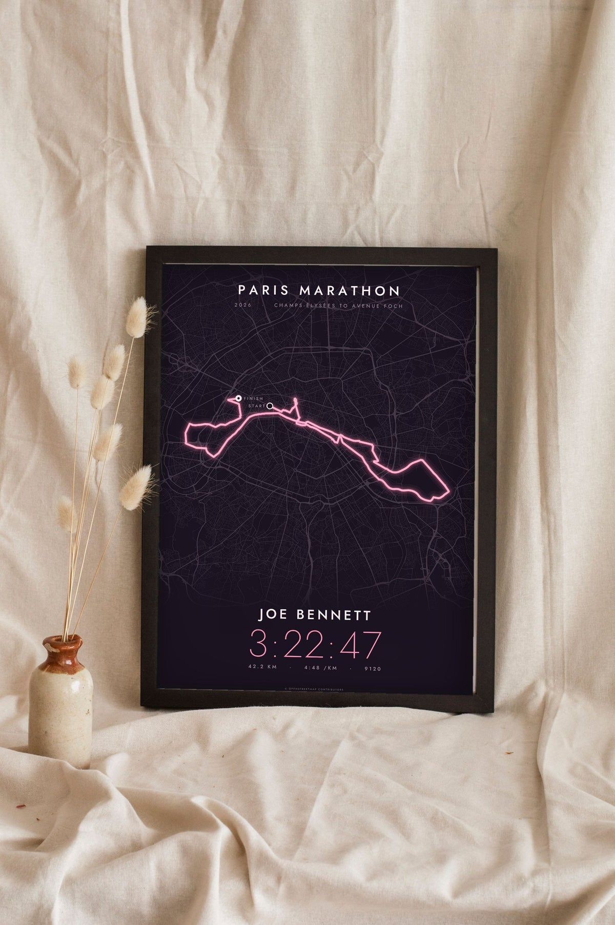 Personalised Paris Marathon Print - night style Paris Marathon print, the course glowing on a dark ground