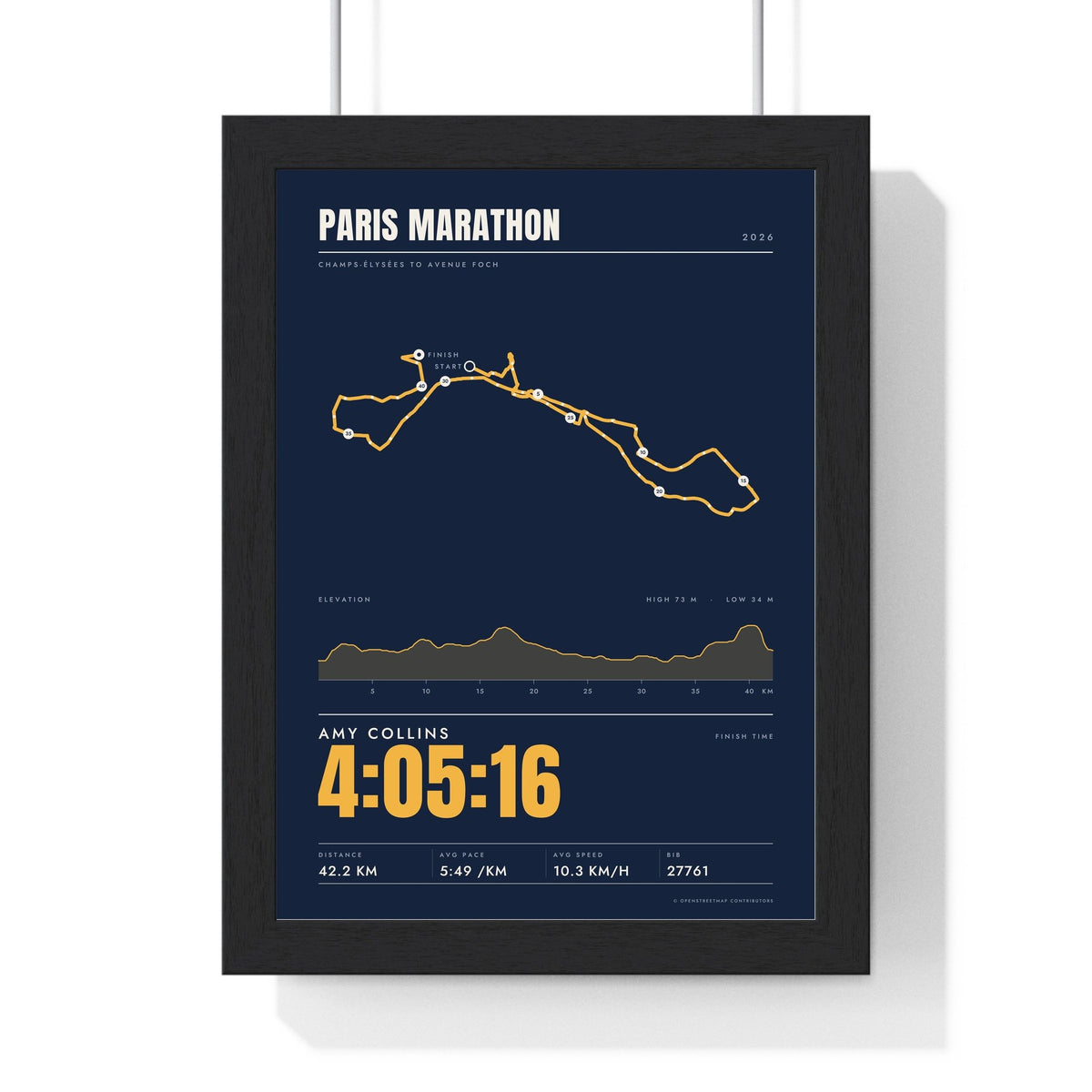 Personalised Paris Marathon Print - framed stats style Paris Marathon print with elevation profile