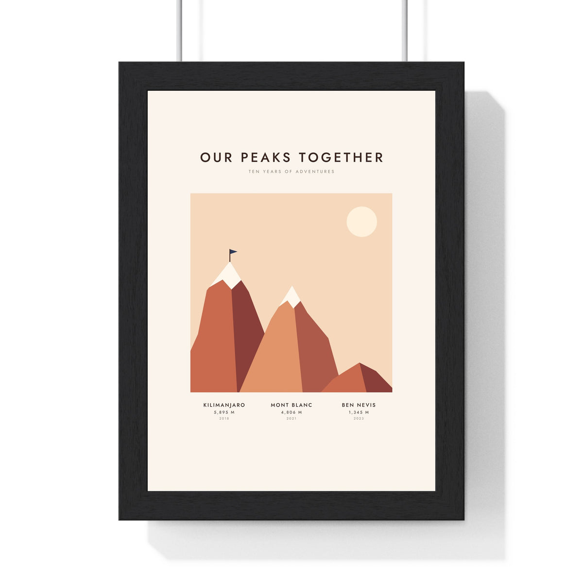 Personalised Peaks Climbed Print - framed sunset version, Kilimanjaro, Mont Blanc and Ben Nevis