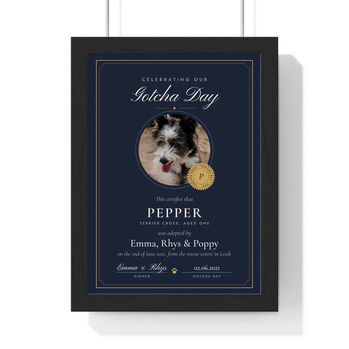 Personalised Pet Adoption Certificate Print - dark colourway