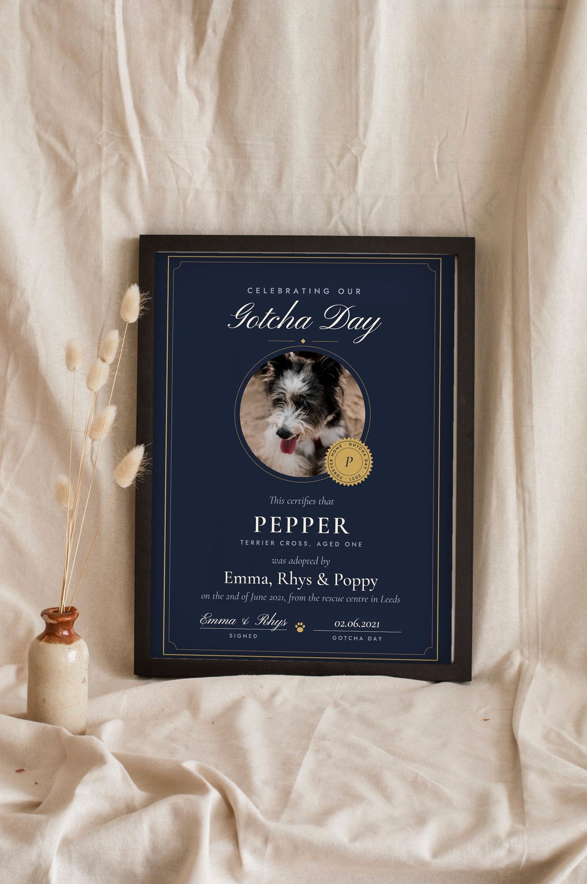 Personalised Pet Adoption Certificate Print - leaning in a frame, dark colourway