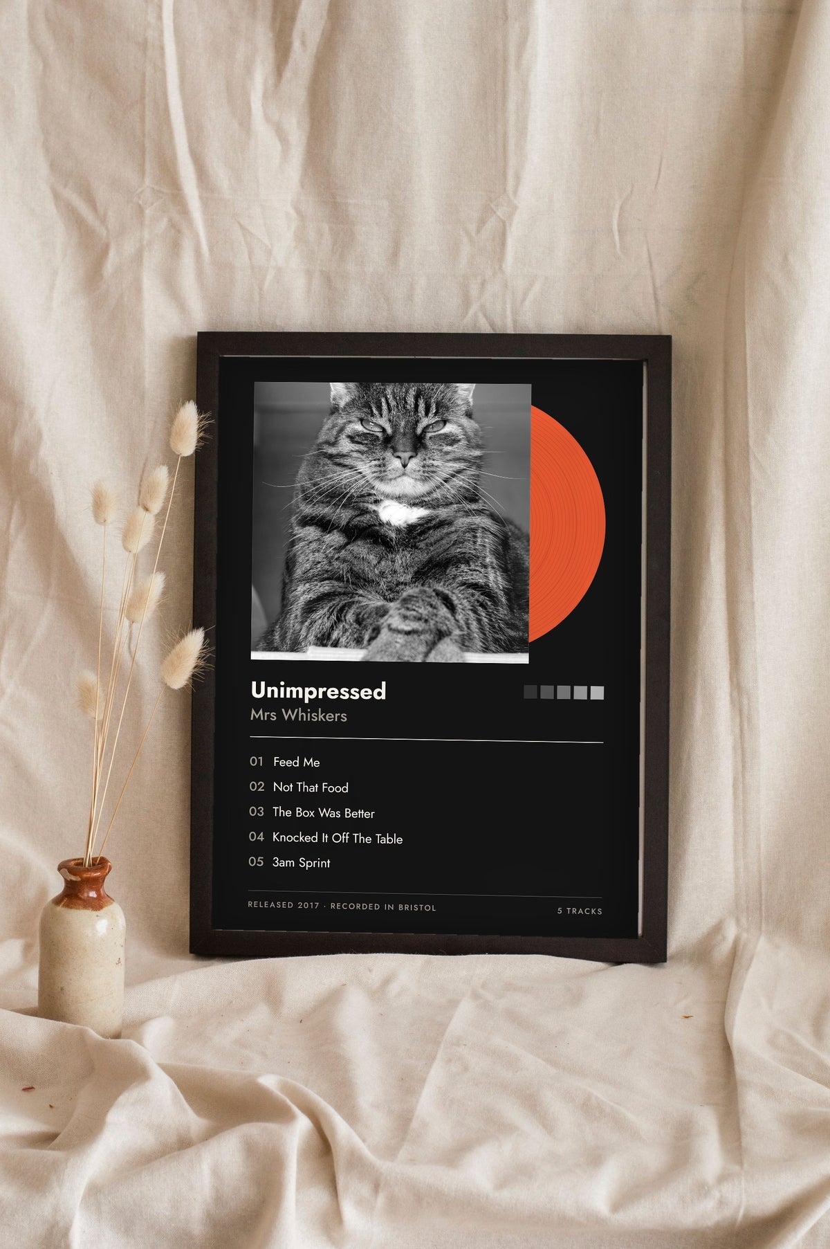 Personalised Pet Album Cover Print - leaning in a frame, dark colourway