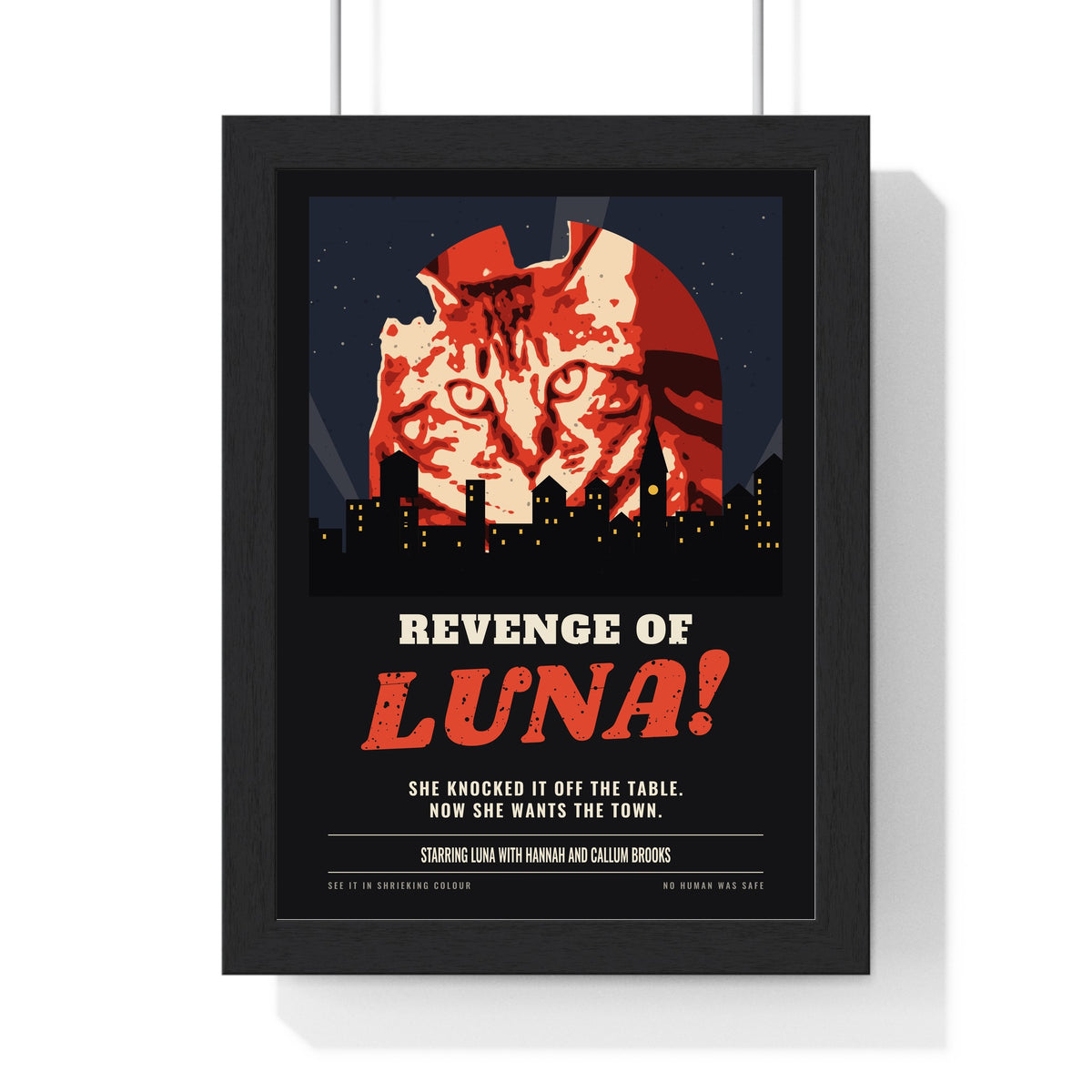 Personalised Pet Horror Movie Poster - framed black version with a cat