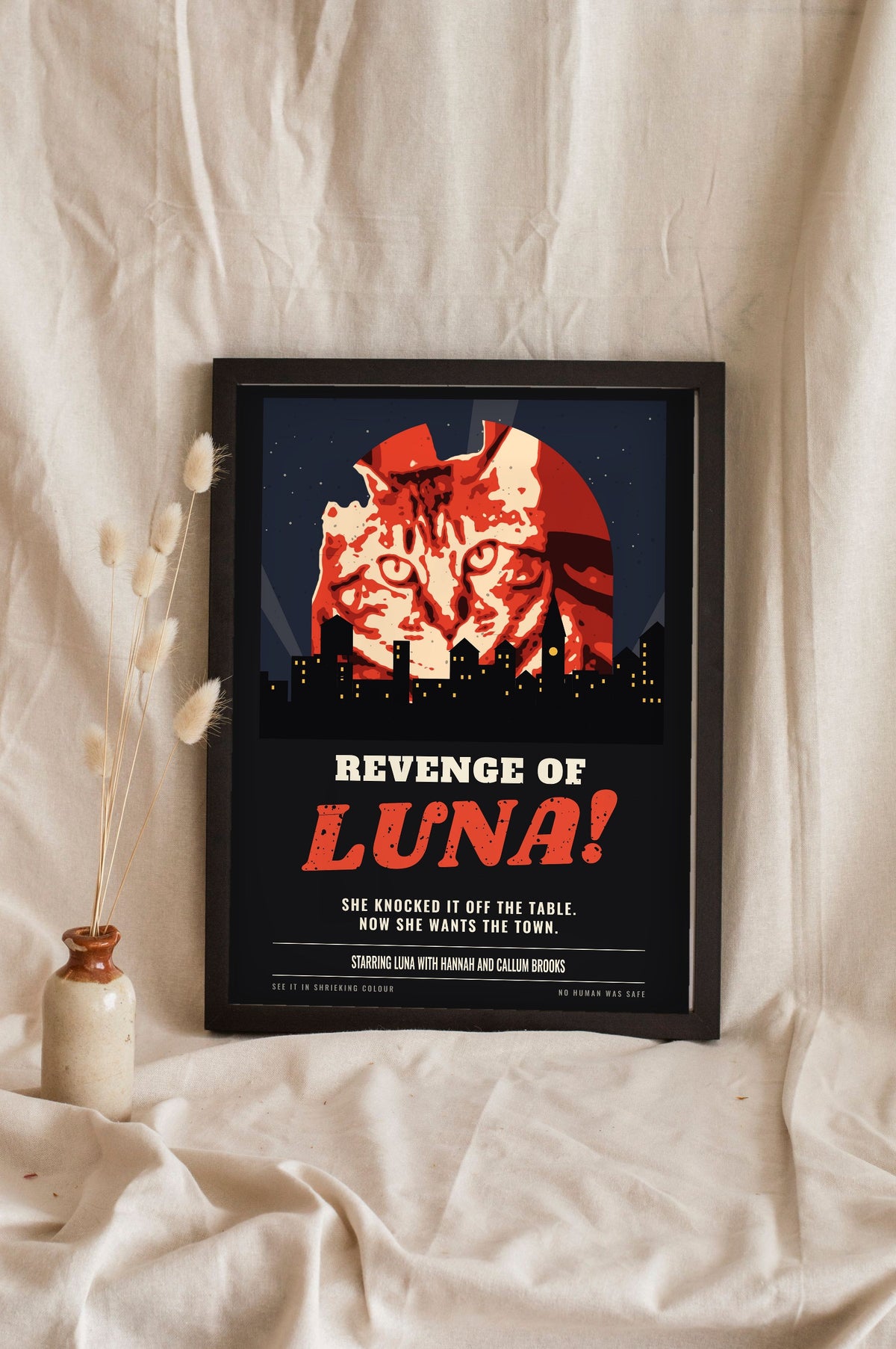 Personalised Pet Horror Movie Poster - black cat version leaning in a frame
