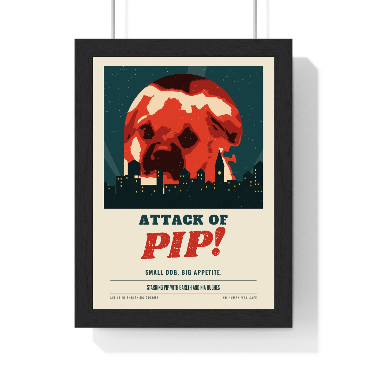 Personalised Pet Horror Movie Poster - framed teal sky version