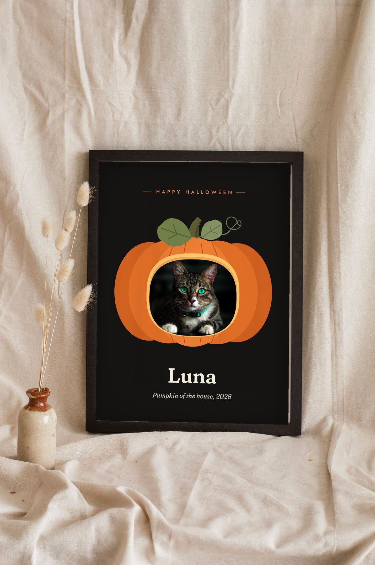 Personalised Pet in a Pumpkin Halloween Print - cat in a pumpkin print on black leaning in a frame