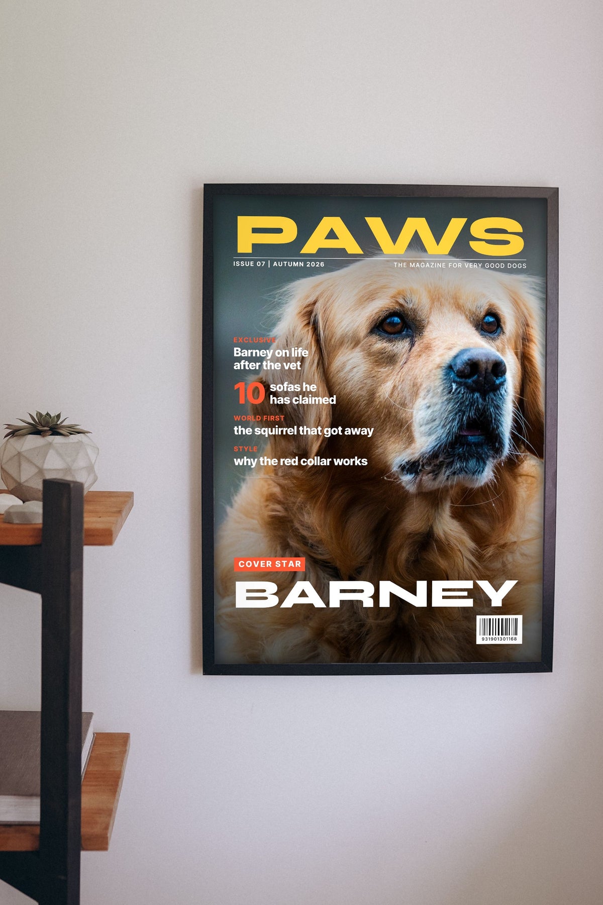 Personalised Pet Magazine Cover Print - hanging on a living room wall