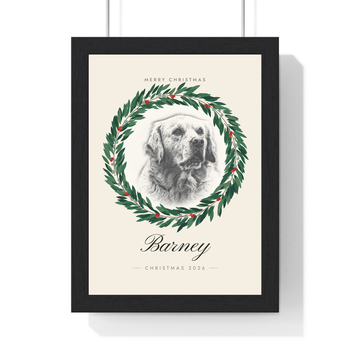 Personalised Pet Portrait Christmas Print - framed personalised pet portrait Christmas wreath print