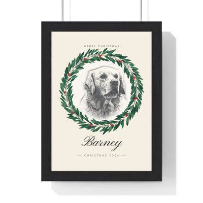 Personalised Pet Portrait Christmas Print - framed personalised pet portrait Christmas wreath print