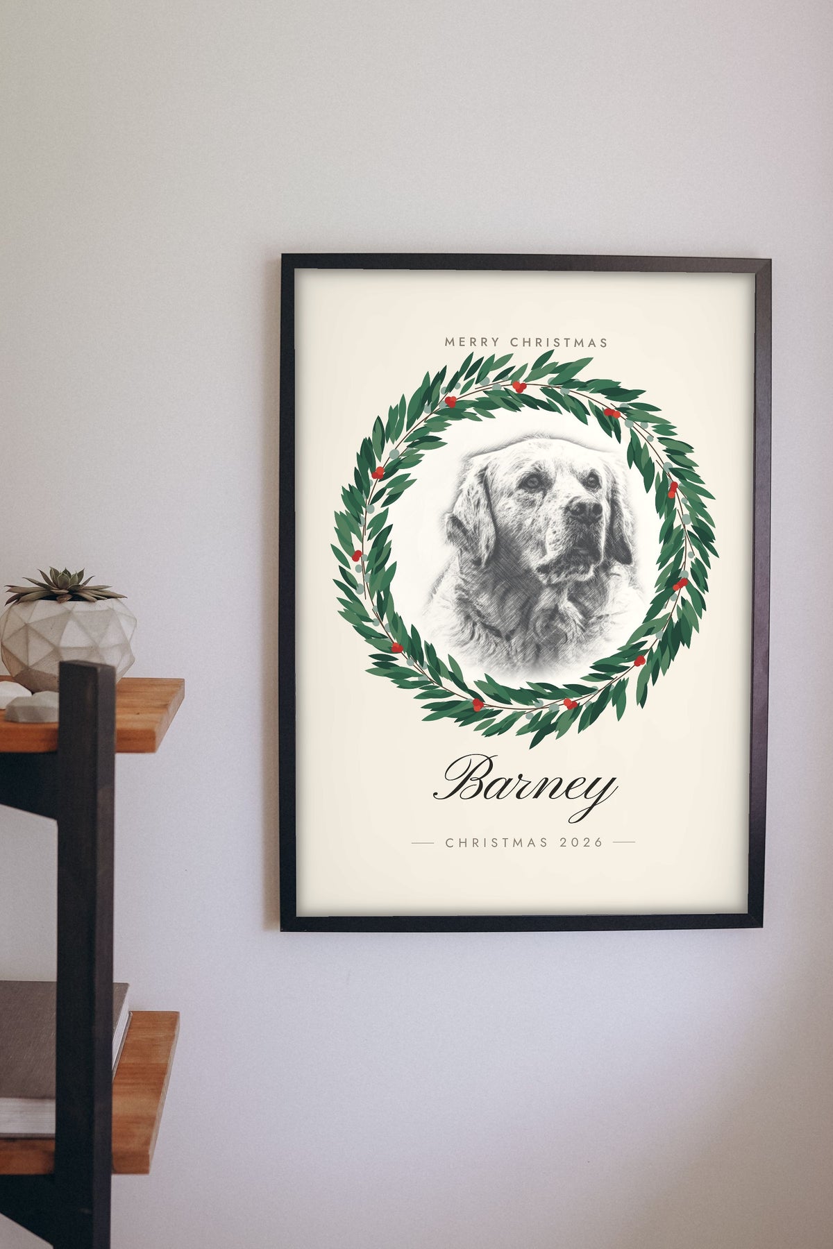 Personalised Pet Portrait Christmas Print - hanging on a living room wall