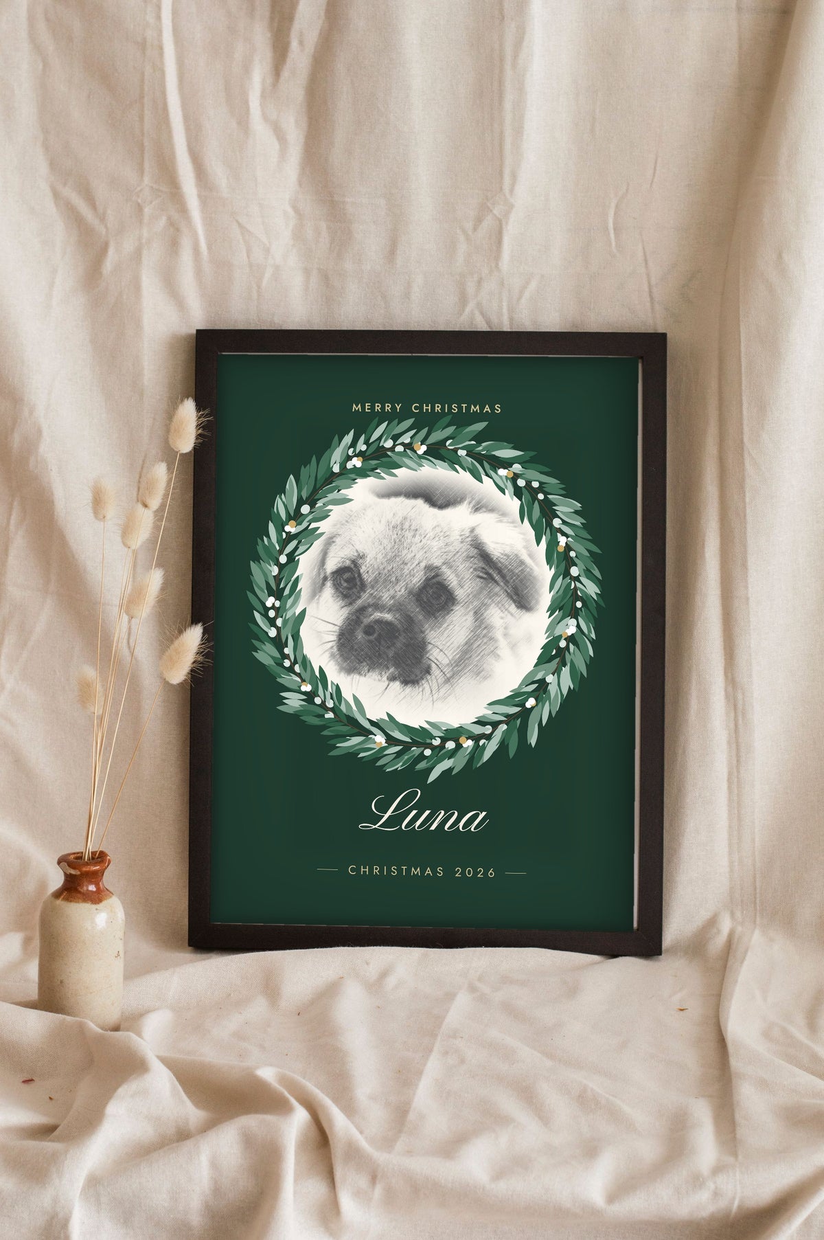 Personalised Pet Portrait Christmas Print - leaning in a frame