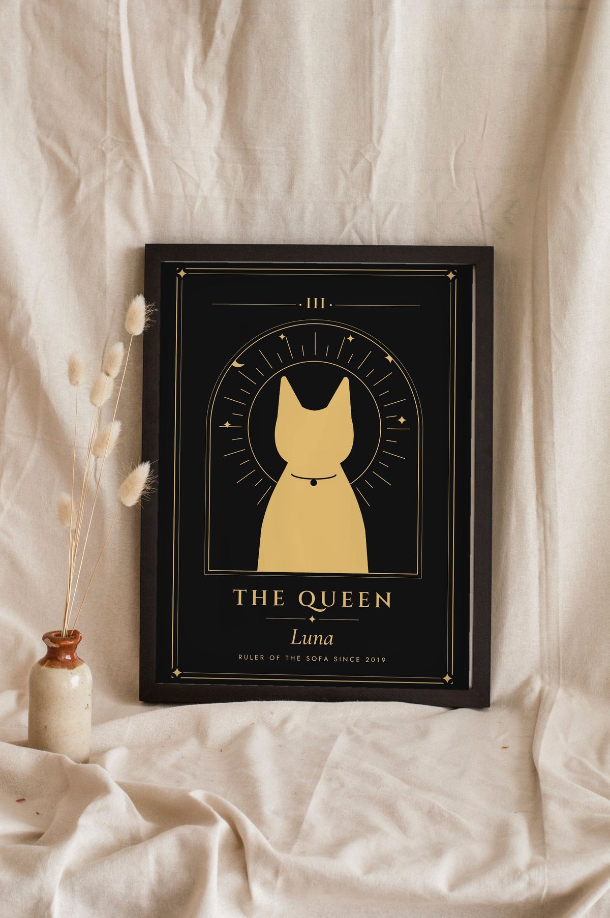Personalised Pet Tarot Card Print - black and gold The Queen cat tarot card print