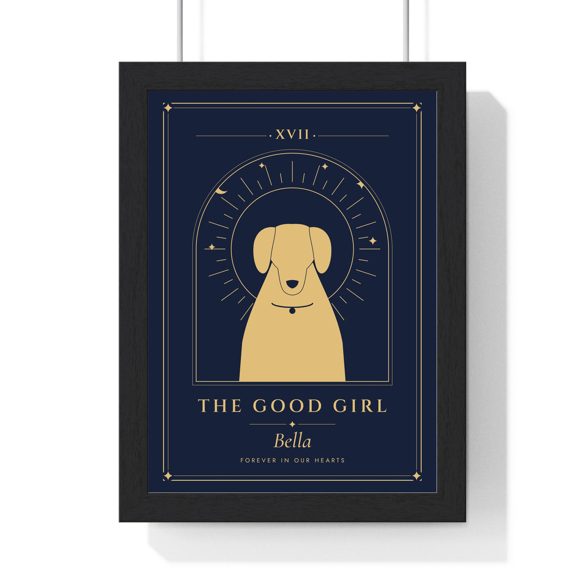 Personalised Pet Tarot Card Print - framed navy The Good Girl version