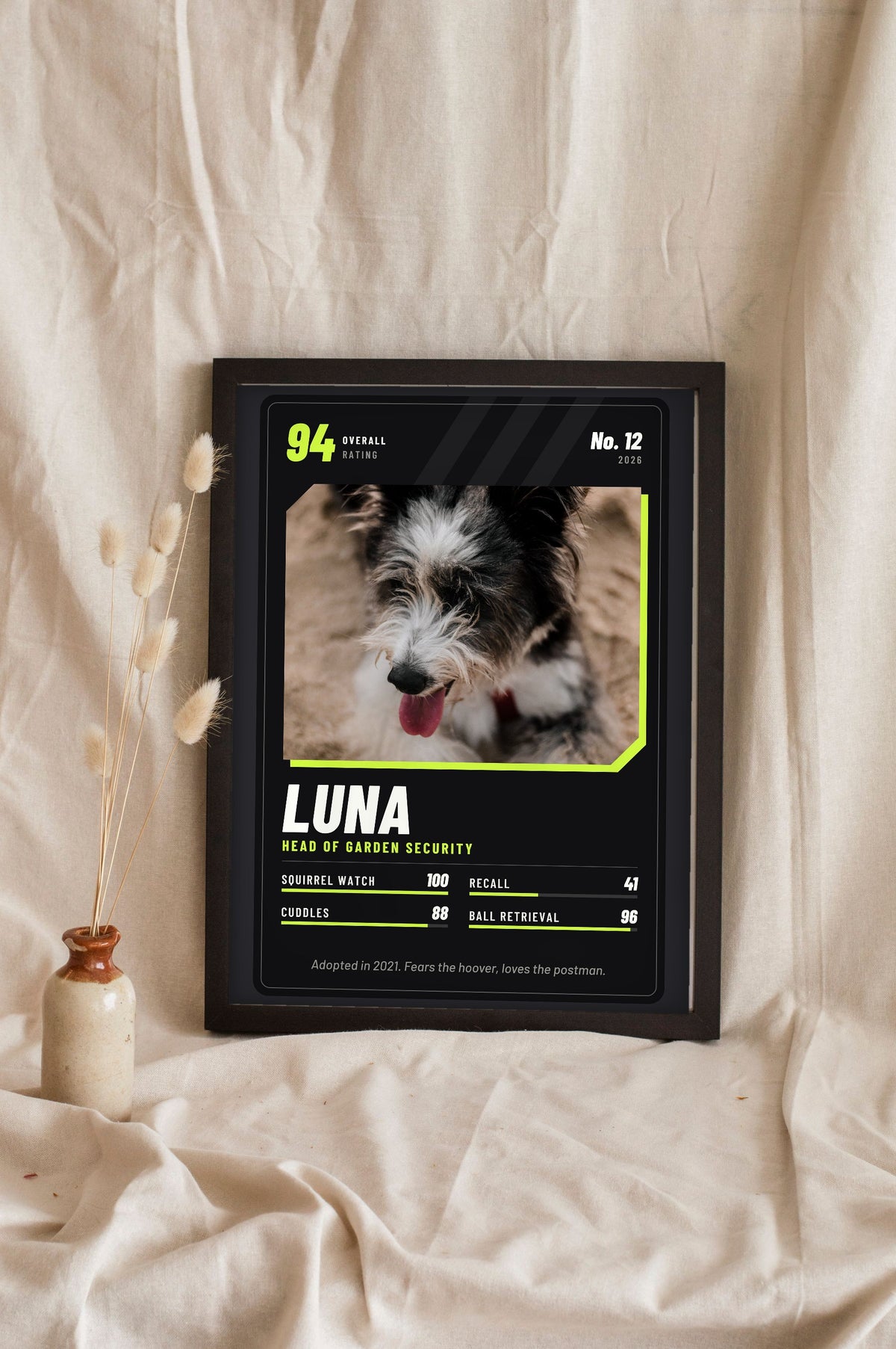 Personalised Pet Trading Card Print - leaning in a frame, dark colourway