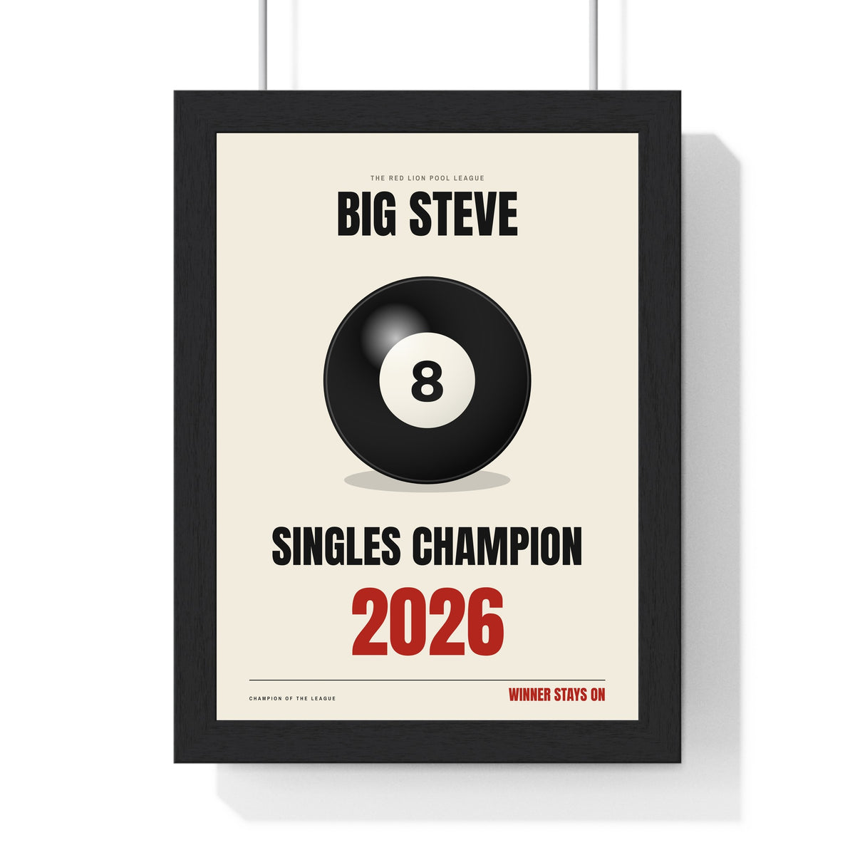 Personalised Pool Champion Print - framed cream pool champion print with an 8 ball