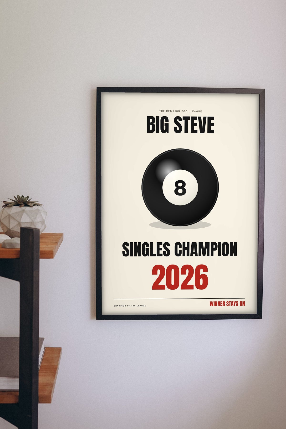 Personalised Pool Champion Print - pool champion print on the games room wall