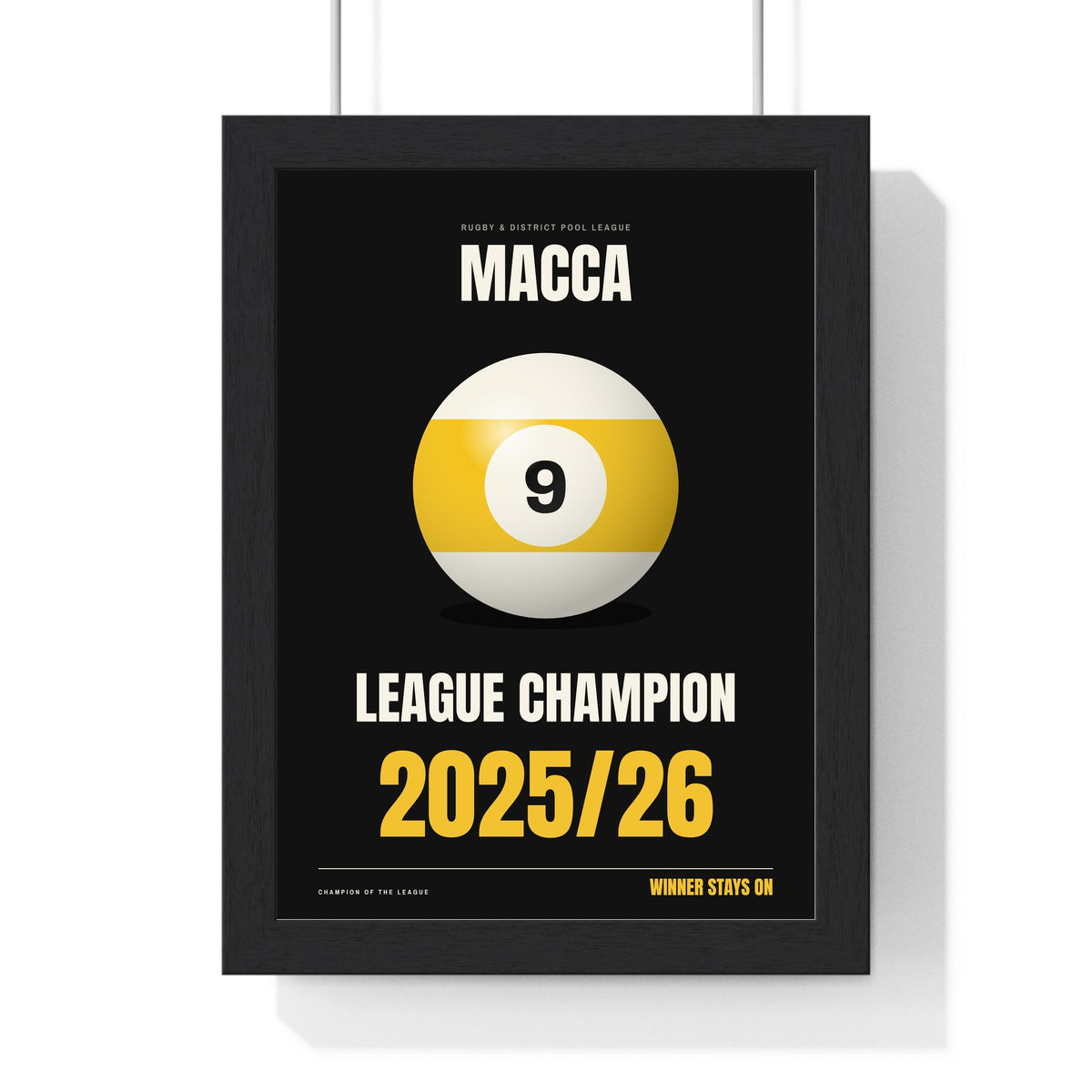 Personalised Pool Champion Print - framed black version for a league champion