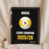 Personalised Pool Champion Print - black version with a 9 ball, league champion