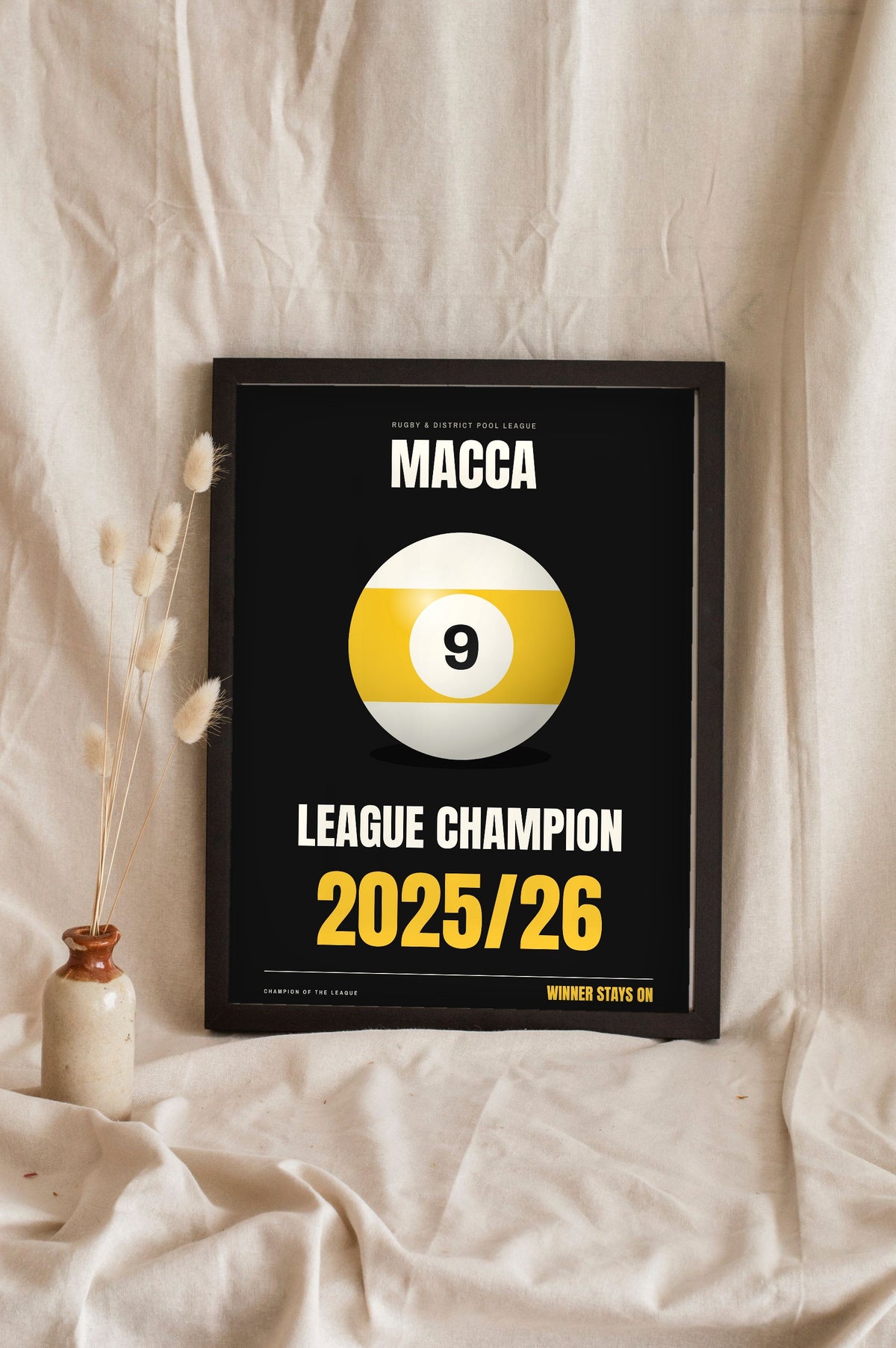 Personalised Pool Champion Print - black version with a 9 ball, league champion
