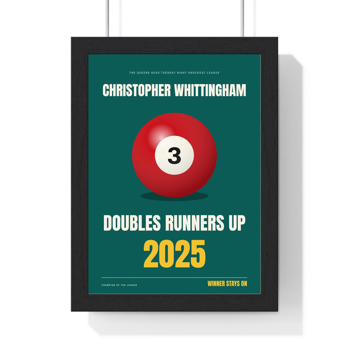 Personalised Pool Champion Print - framed teal baize version, doubles runners up