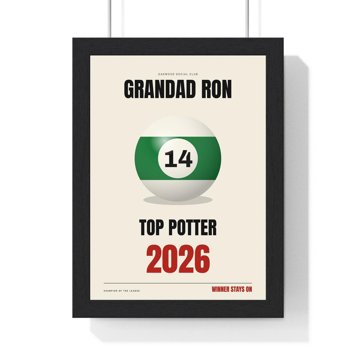 Personalised Pool Champion Print - framed cream version with a 14 ball for a social club