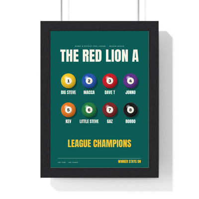 Personalised Pool Team Print - framed teal pool team print, The Red Lion A league champions