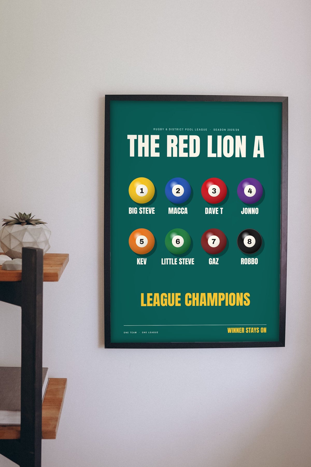 Personalised Pool Team Print - pool team print on the games room wall