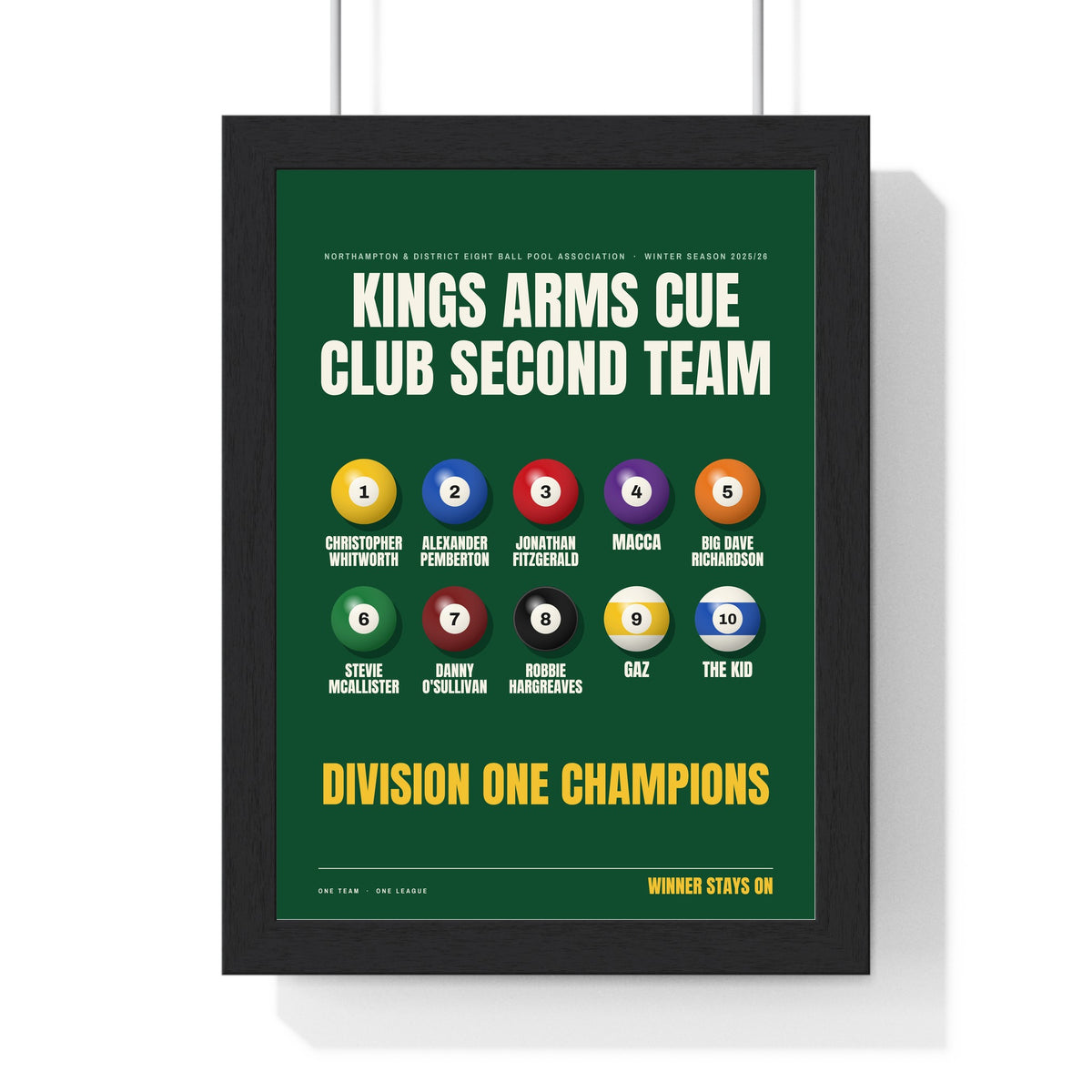 Personalised Pool Team Print - framed green version with ten players