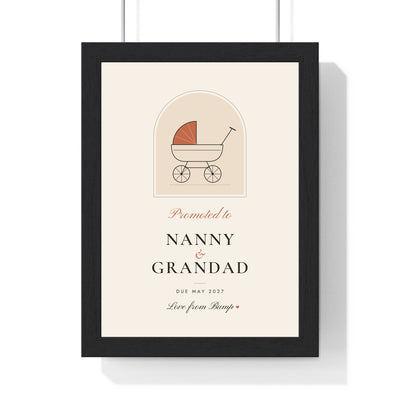Personalised Promoted to Nanny and Grandad Print - framed cream Promoted to Nanny and Grandad print with a pram