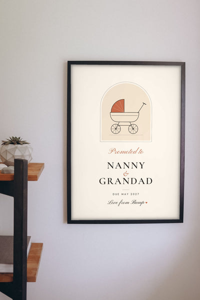 Personalised Promoted to Nanny and Grandad Print - on the living room wall