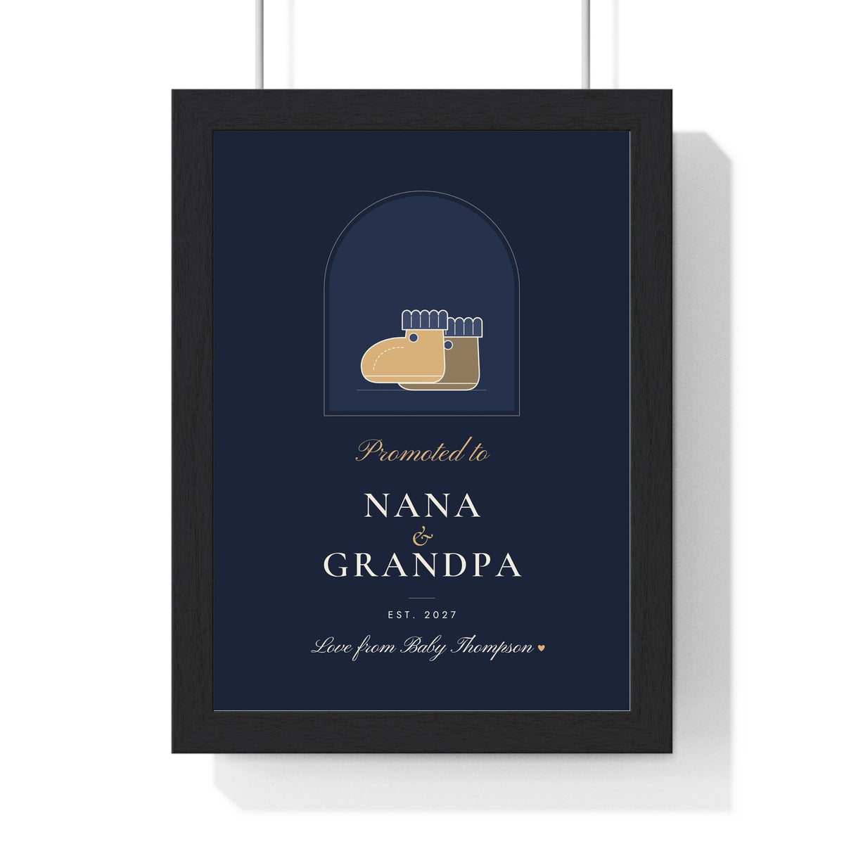 Personalised Promoted to Nanny and Grandad Print - framed navy version with baby booties