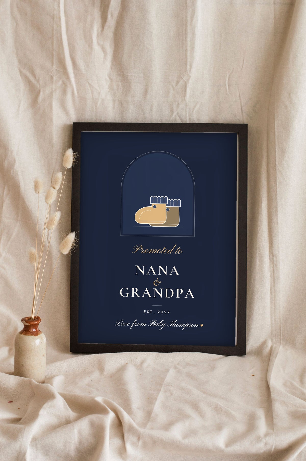 Personalised Promoted to Nanny and Grandad Print - navy Nana and Grandpa version with booties