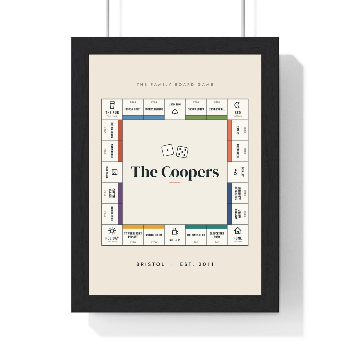 Personalised Property Board Game Print - framed cream property board game print for The Coopers in Bristol