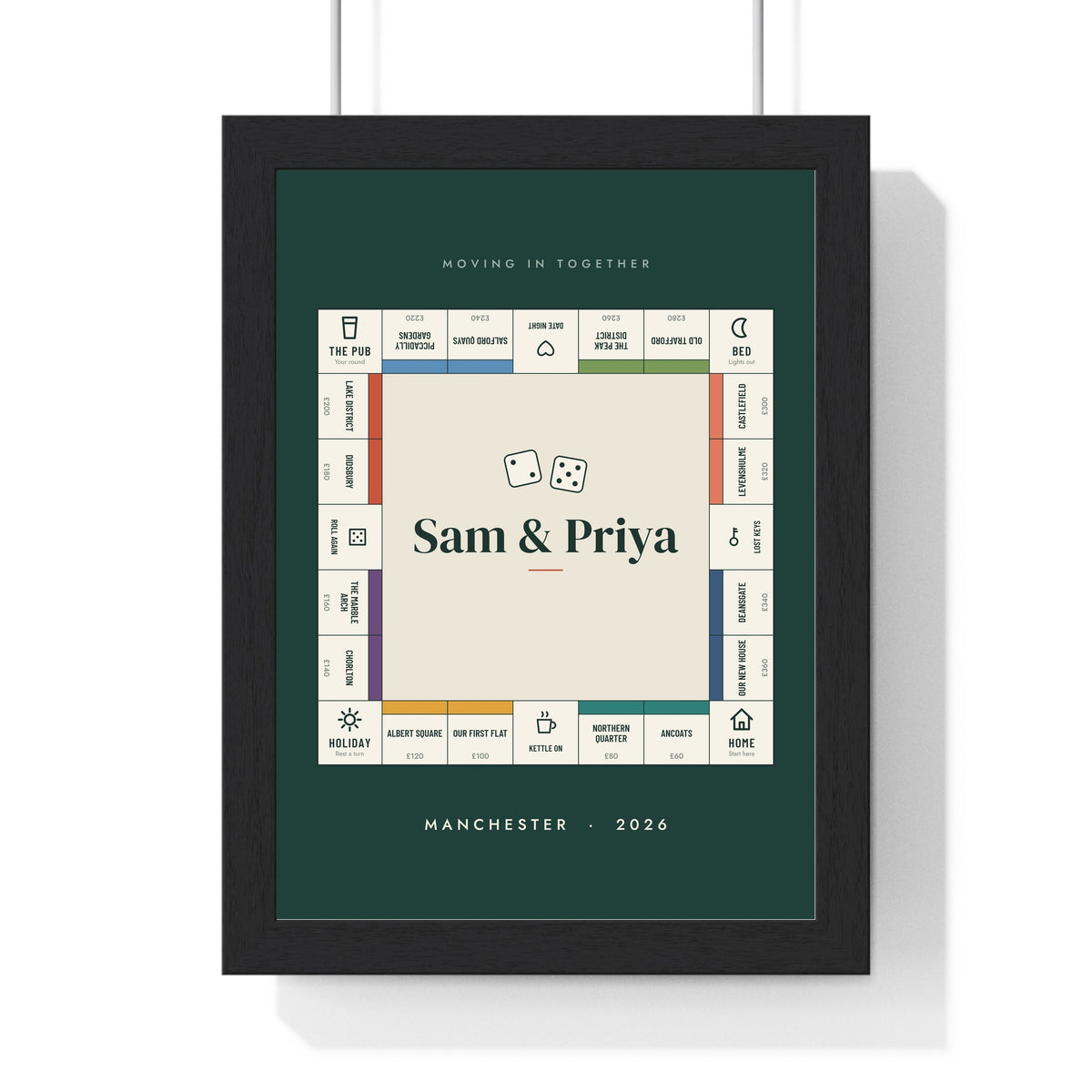 Personalised Property Board Game Print - racing green Manchester board for a couple's first home