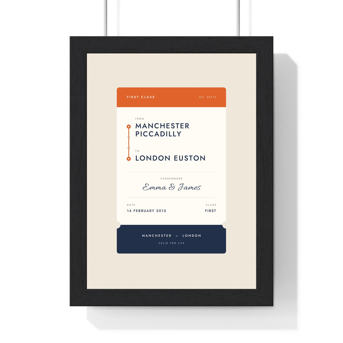 Personalised Rail Ticket Print - framed orange and navy rail ticket print, Manchester Piccadilly to London Euston