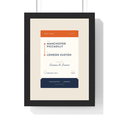 Personalised Rail Ticket Print - framed orange and navy rail ticket print, Manchester Piccadilly to London Euston