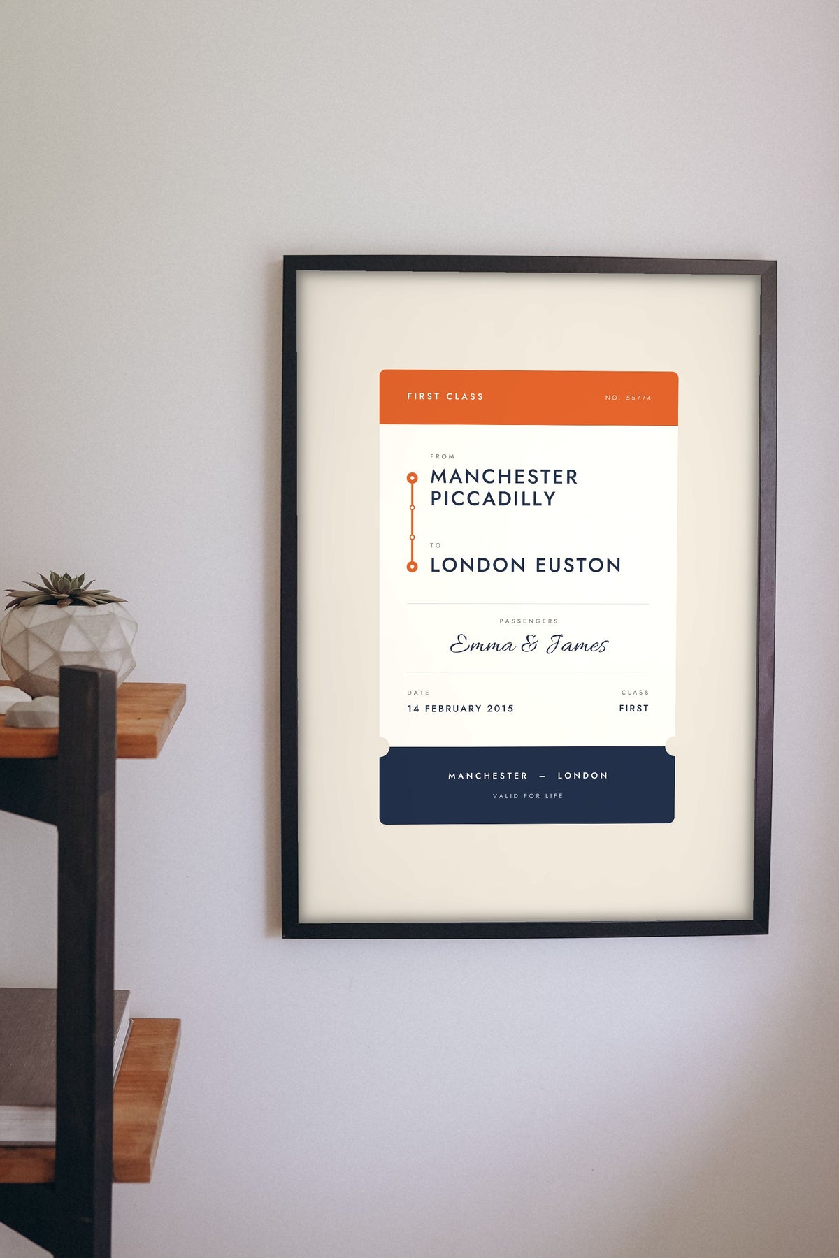 Personalised Rail Ticket Print - rail ticket print on the living room wall