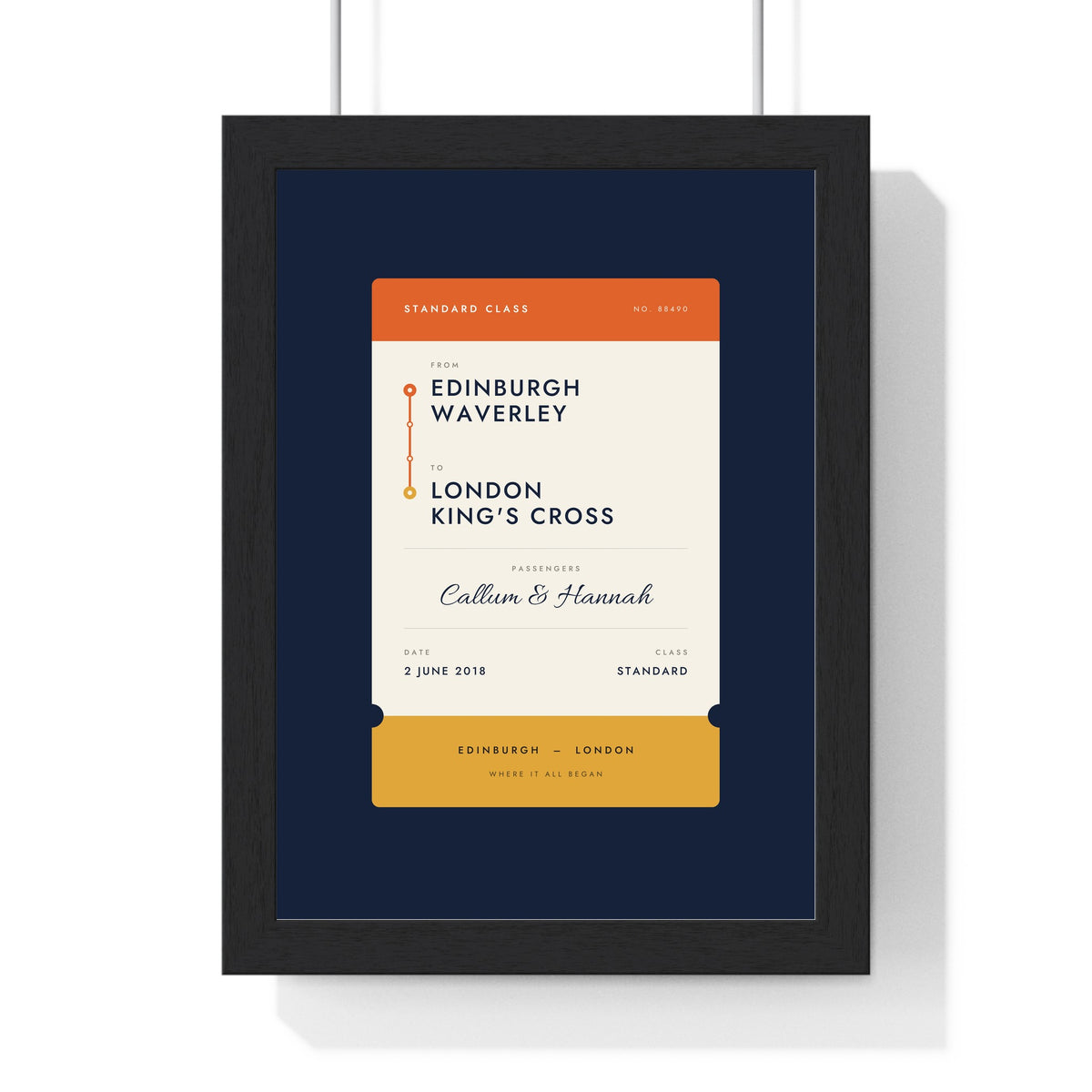 Personalised Rail Ticket Print - framed navy and orange rail ticket print