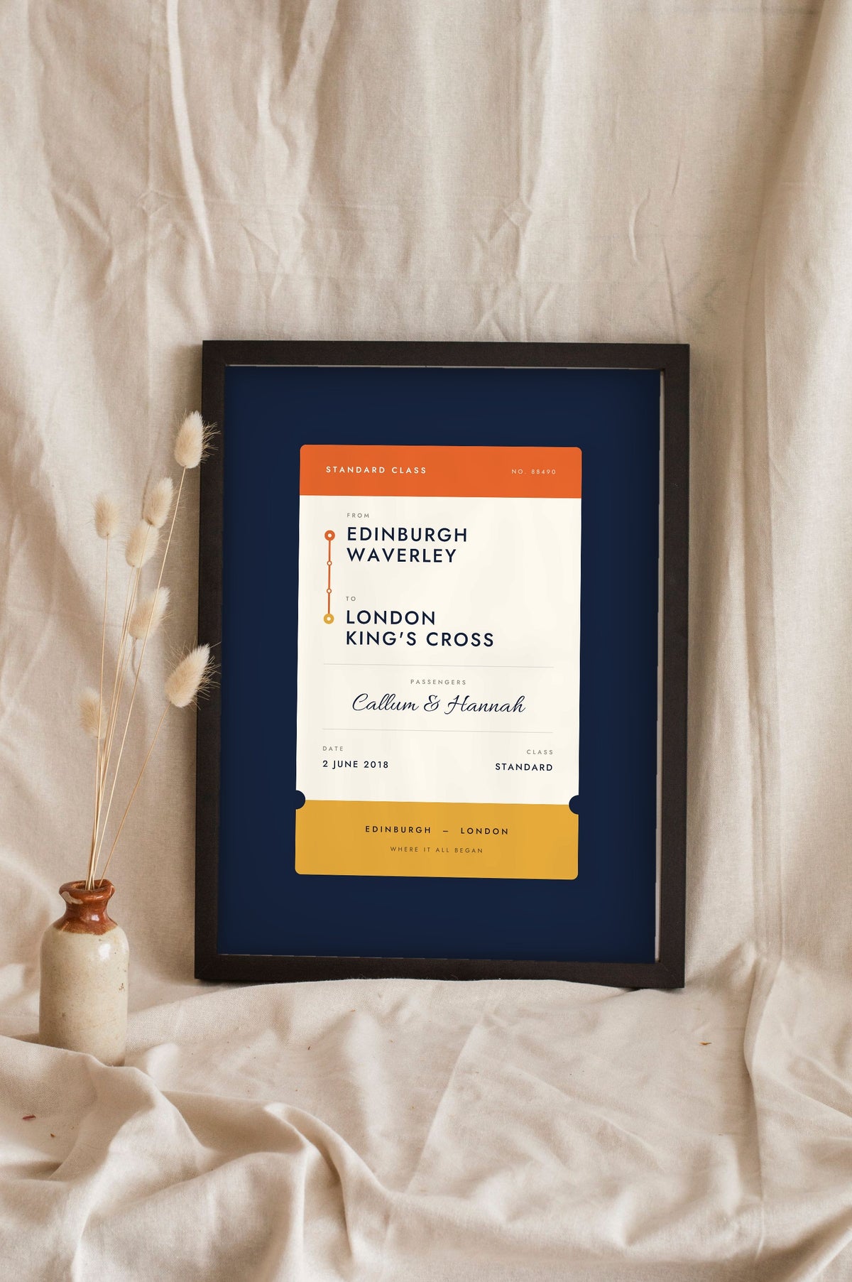 Personalised Rail Ticket Print - navy and orange version, Edinburgh Waverley to London King's Cross
