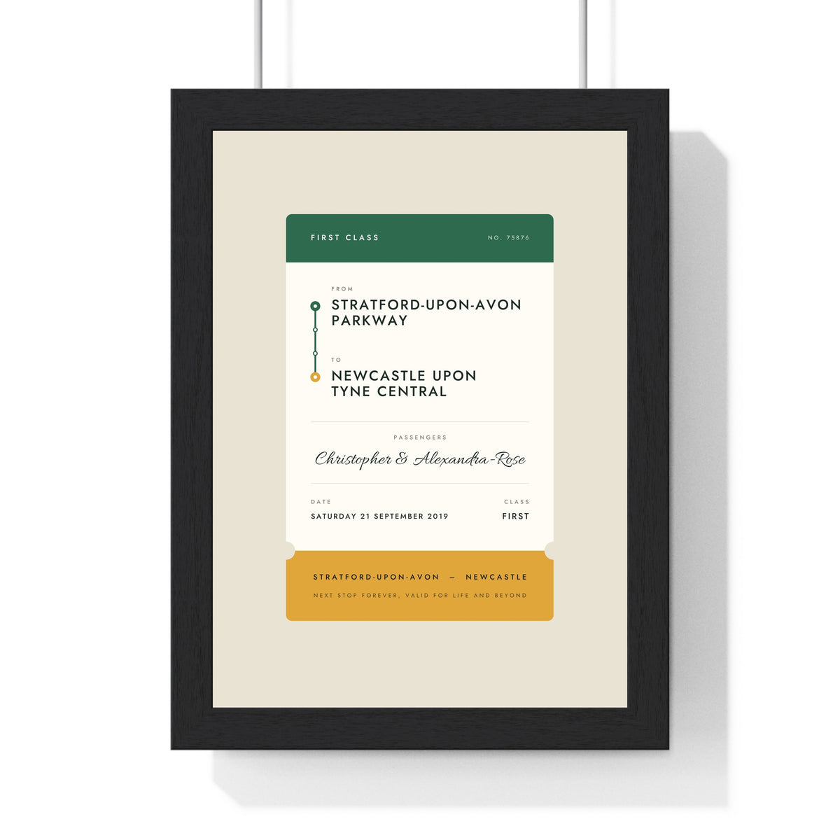 Personalised Rail Ticket Print - framed green and mustard version with long station names