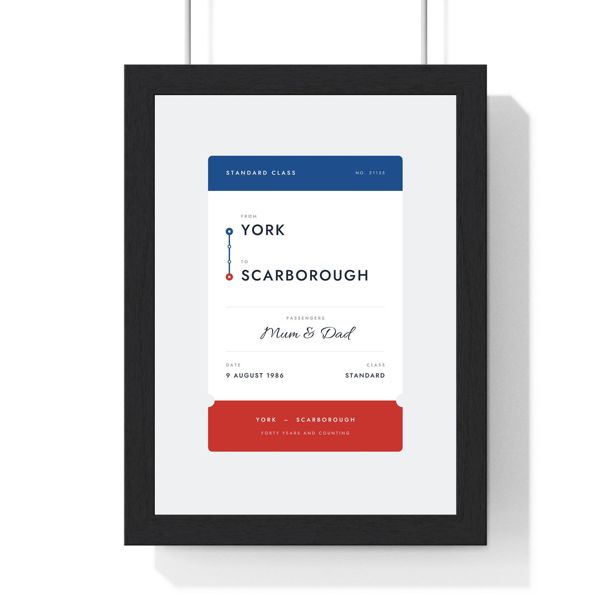 Personalised Rail Ticket Print - framed blue and red version, York to Scarborough for Mum and Dad