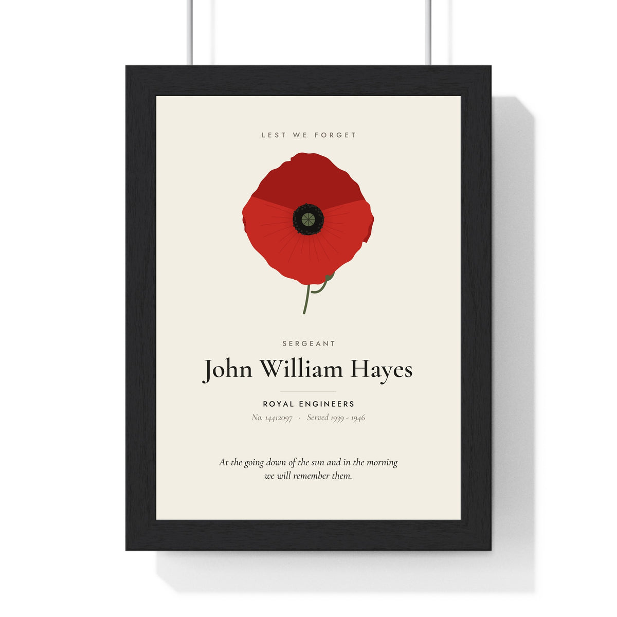 Personalised Remembrance Poppy Print - framed cream remembrance poppy print for a Royal Engineers sergeant