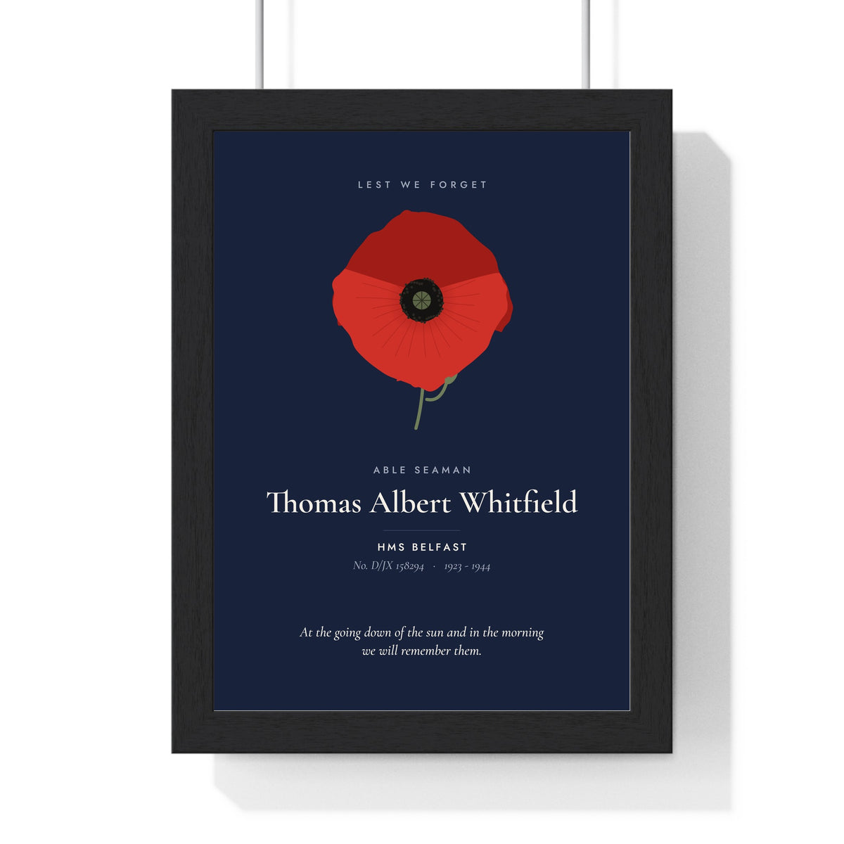 Personalised Remembrance Poppy Print - framed navy version