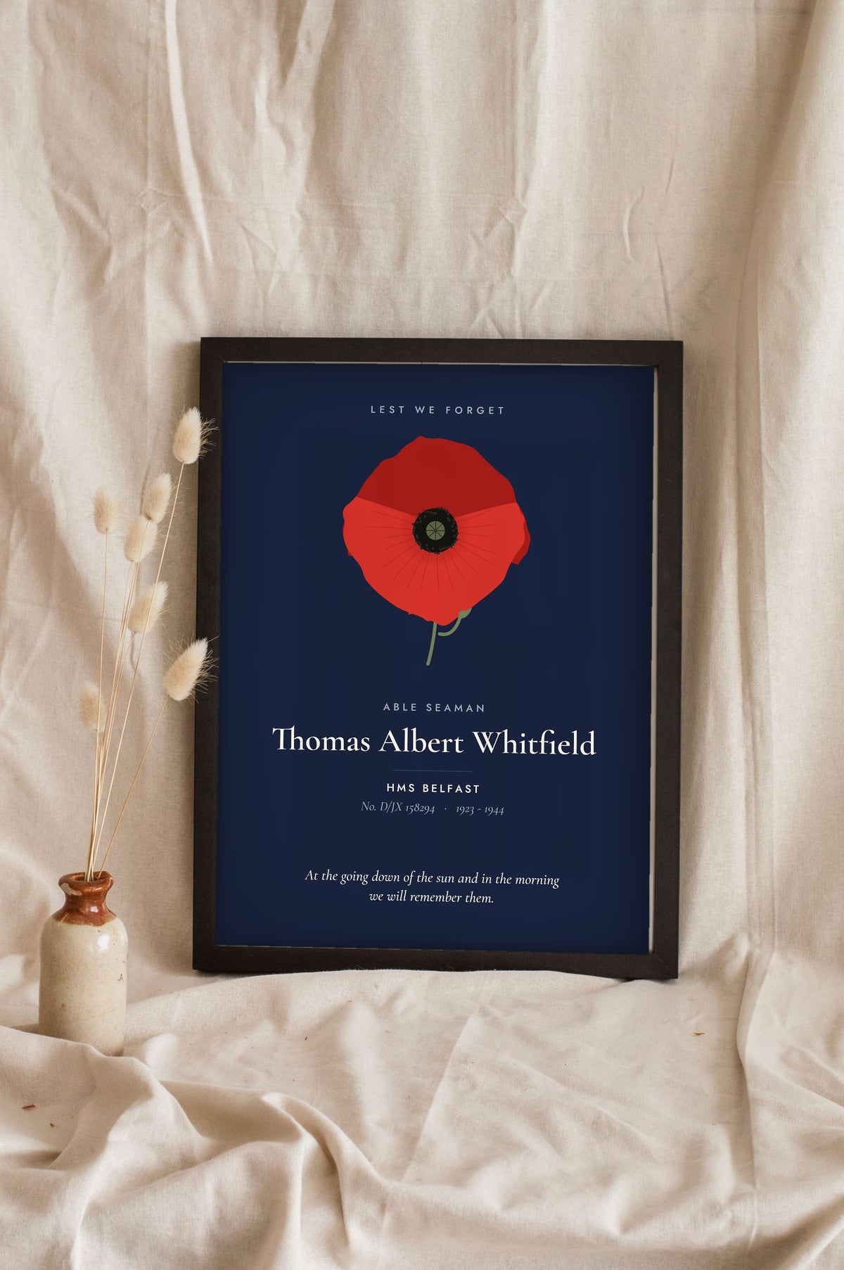 Personalised Remembrance Poppy Print - navy version for an HMS Belfast able seaman