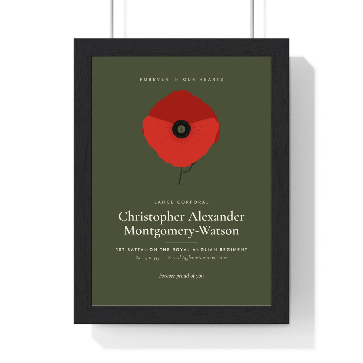 Personalised Remembrance Poppy Print - khaki version for a Royal Anglian lance corporal