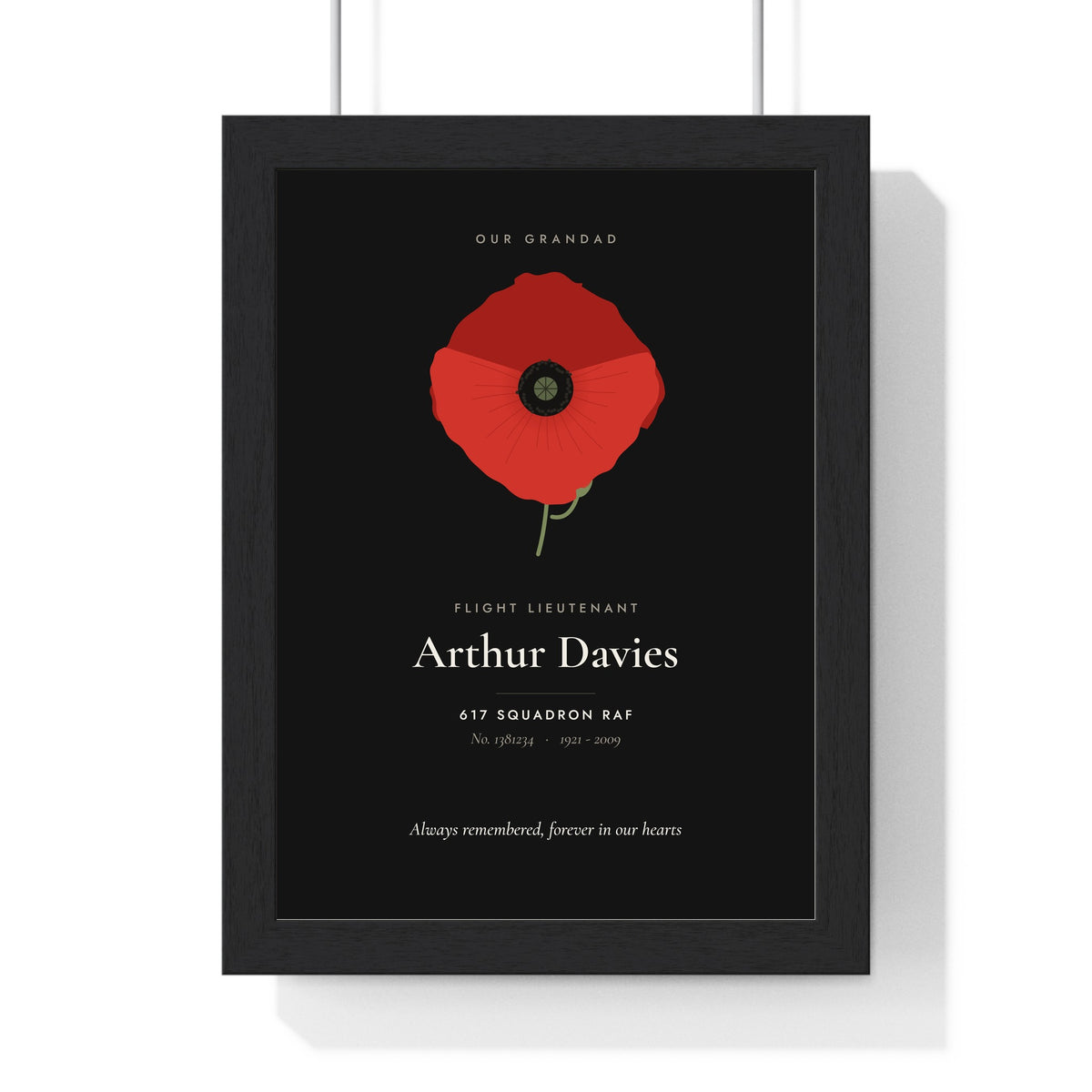 Personalised Remembrance Poppy Print - black version for a 617 Squadron flight lieutenant