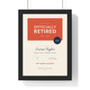 Personalised Retirement Certificate Print - framed tomato and navy retirement certificate