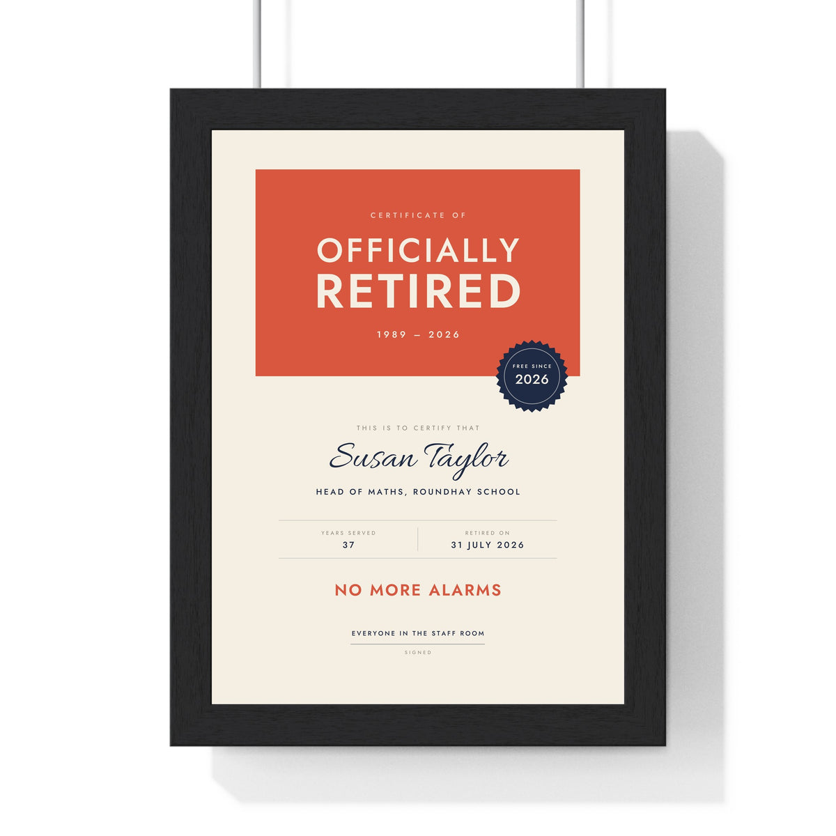 Personalised Retirement Certificate Print - framed tomato and navy retirement certificate