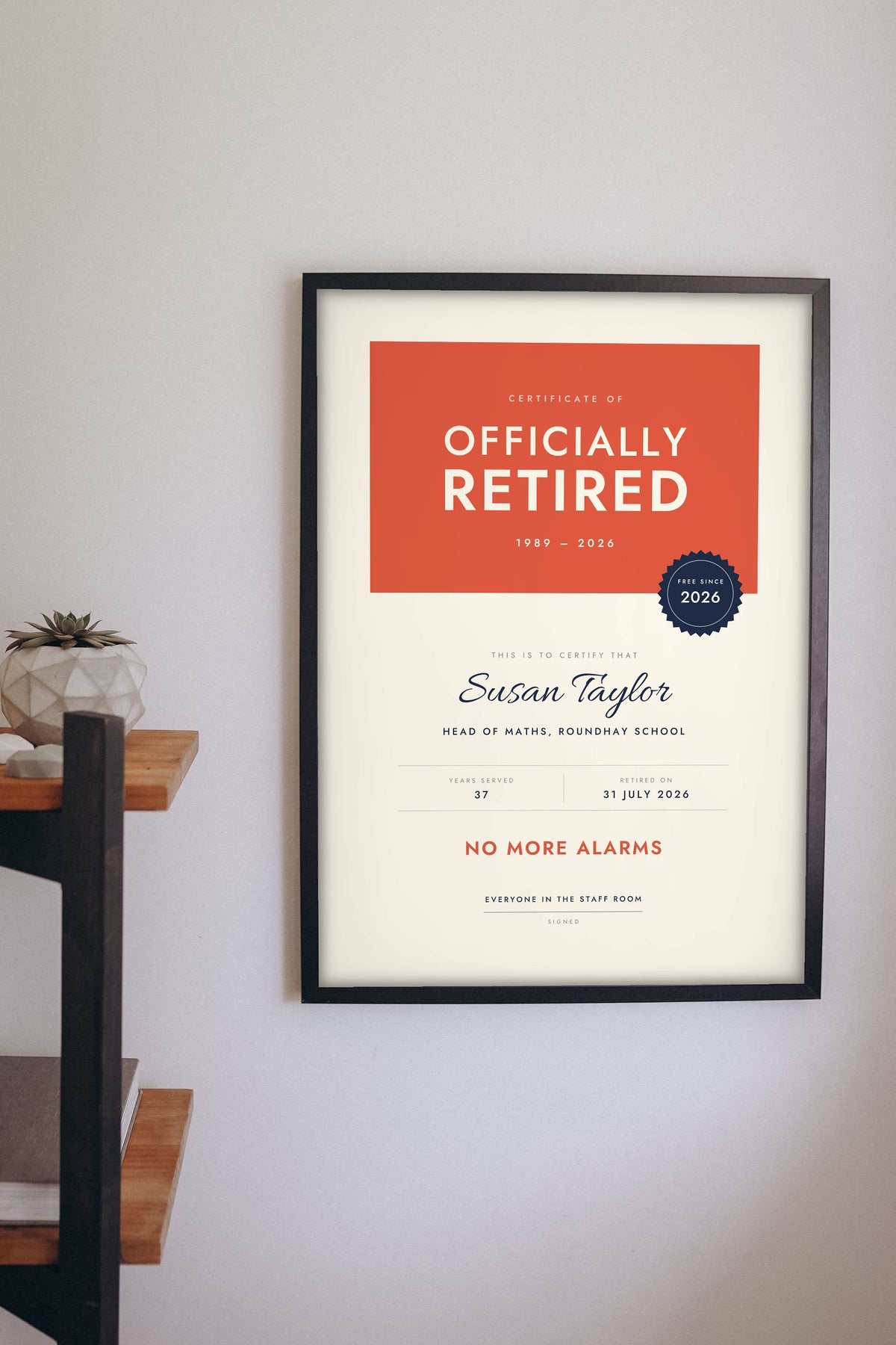 Personalised Retirement Certificate Print - on the living room wall
